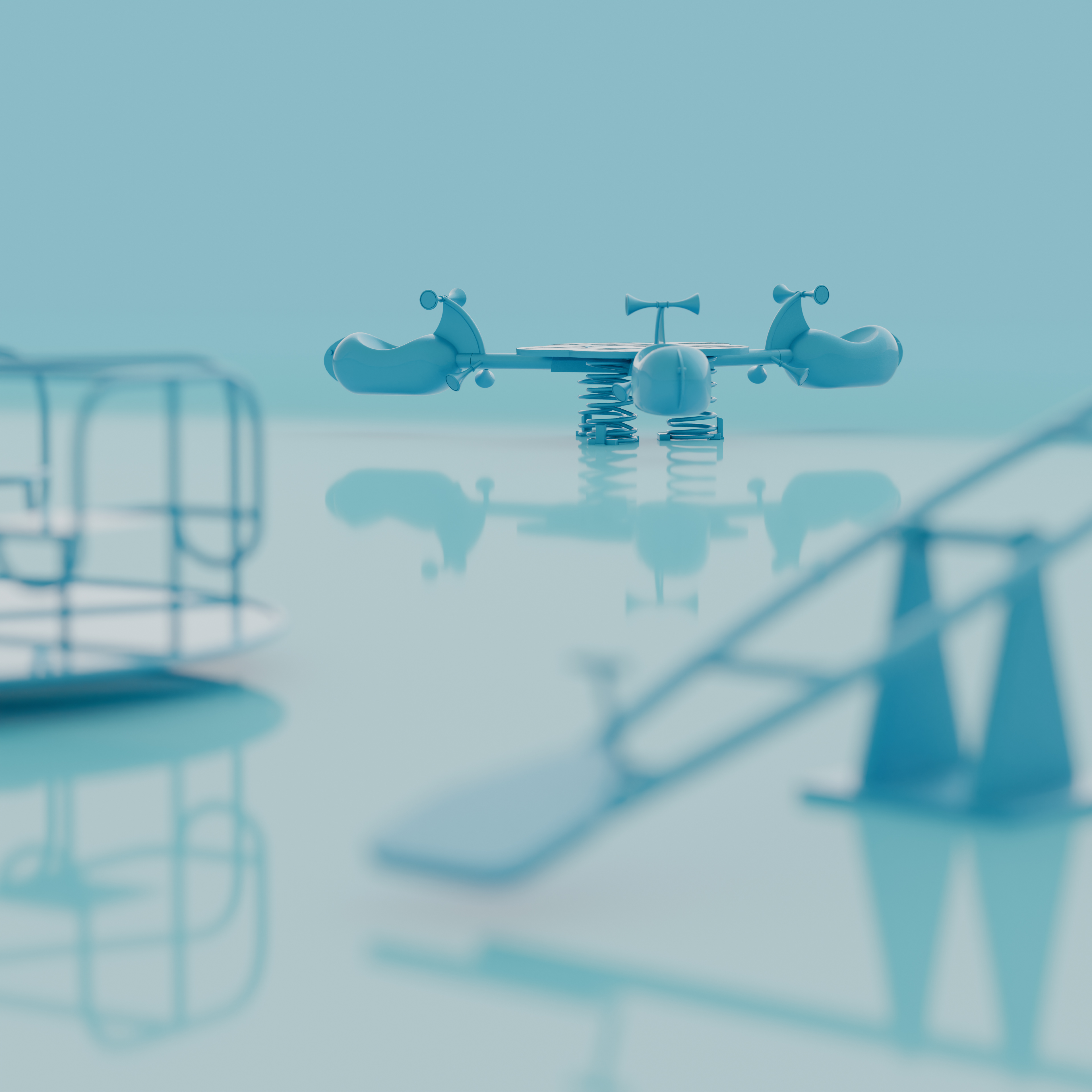 Blue spring-mounted playground airplane toy centered with blurred seesaw and merry-go-round on glossy floor.