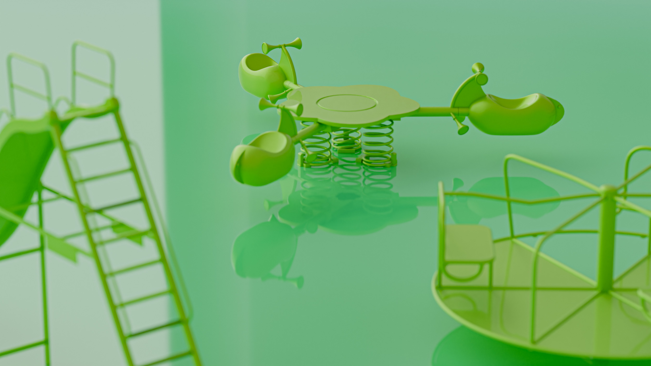 Green playground equipment including a slide with ladder, spring riders, and a merry-go-round on a shiny green surface.