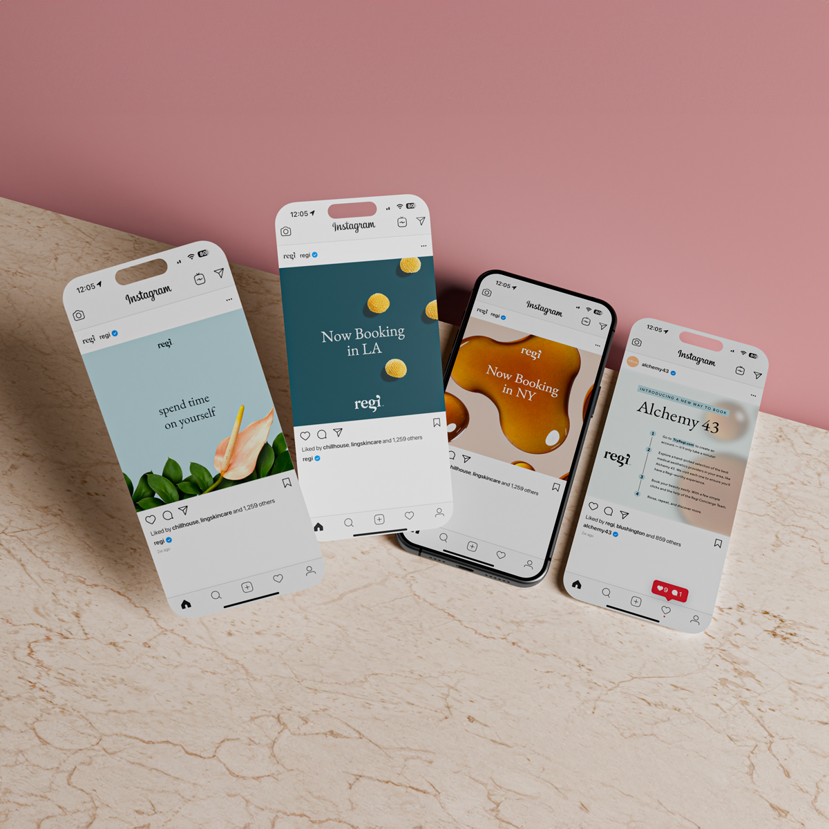 Four smartphones displaying Instagram posts about Regi, with messages like 'spend time on yourself,' 'Now Booking in LA,' 'Now Booking in NY,' and 'Alchemy 43.'