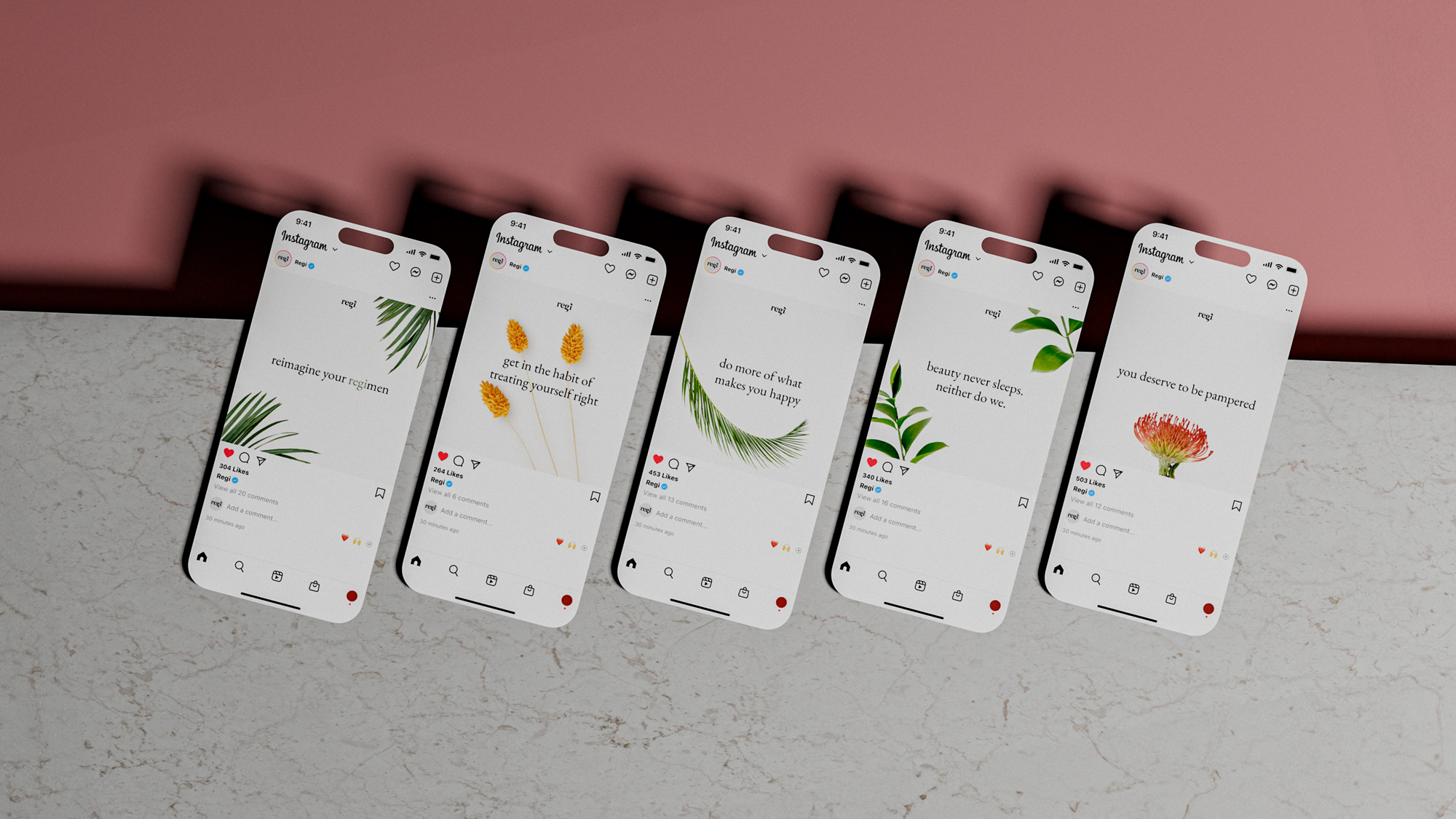 Five smartphones displaying Instagram posts from Regi with motivational beauty and self-care quotes and botanical illustrations.