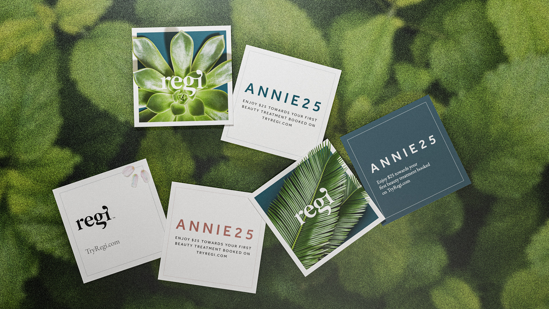 Six square business cards on a green leafy background, featuring succulent and palm leaf images, and text promoting $25 off with code ANNIE25 for TryRegi.com.
