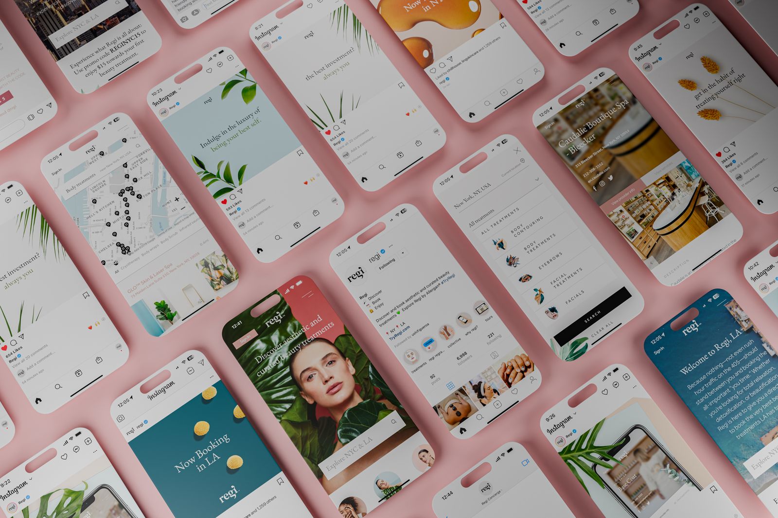 Multiple smartphone screens on a pink background displaying the Regi app with beauty treatment bookings, Instagram posts, maps, and a woman surrounded by green leaves.