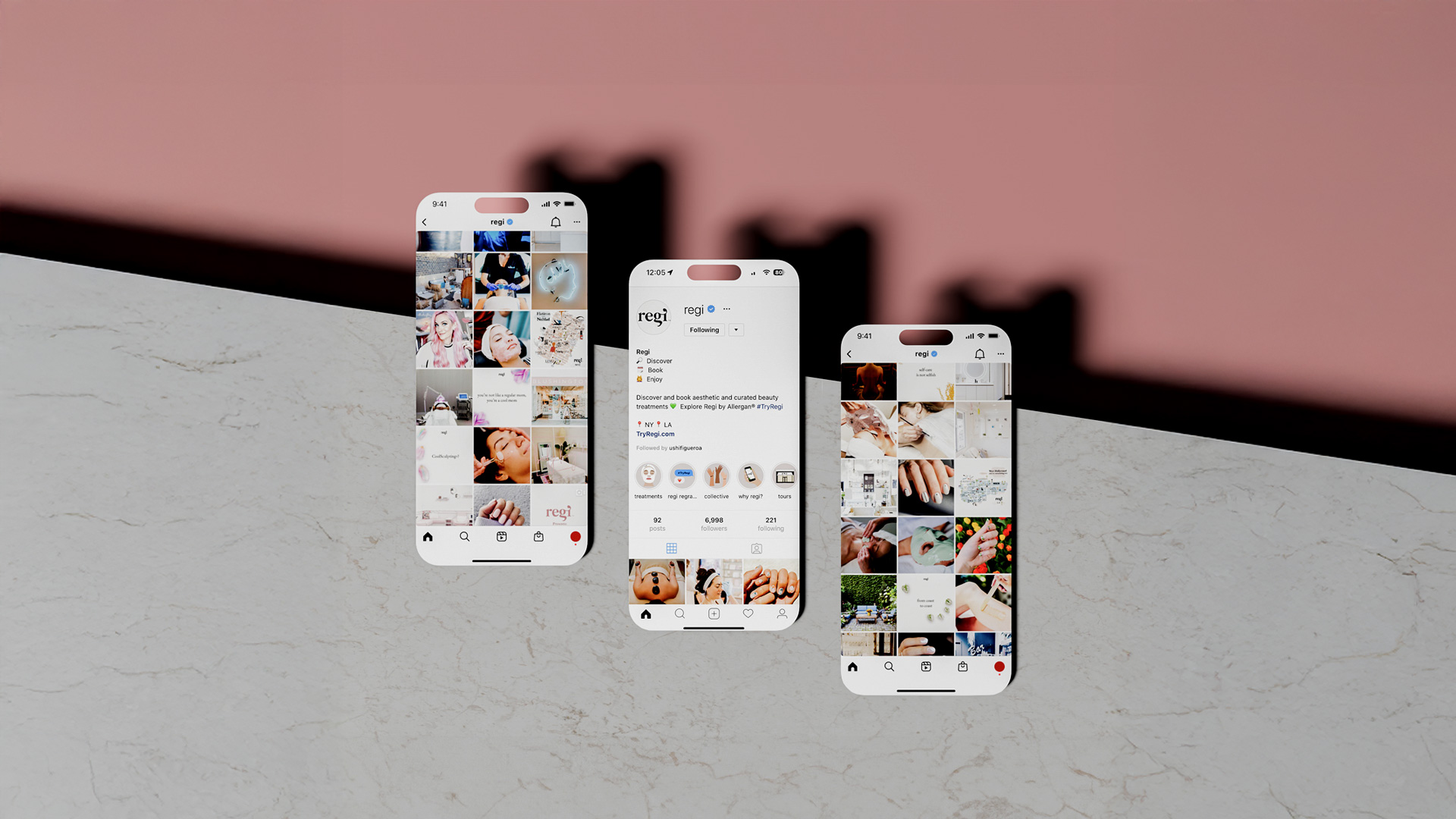 Three smartphone screens displaying the Instagram profile and posts of 'regi,' featuring beauty treatments and curated content.