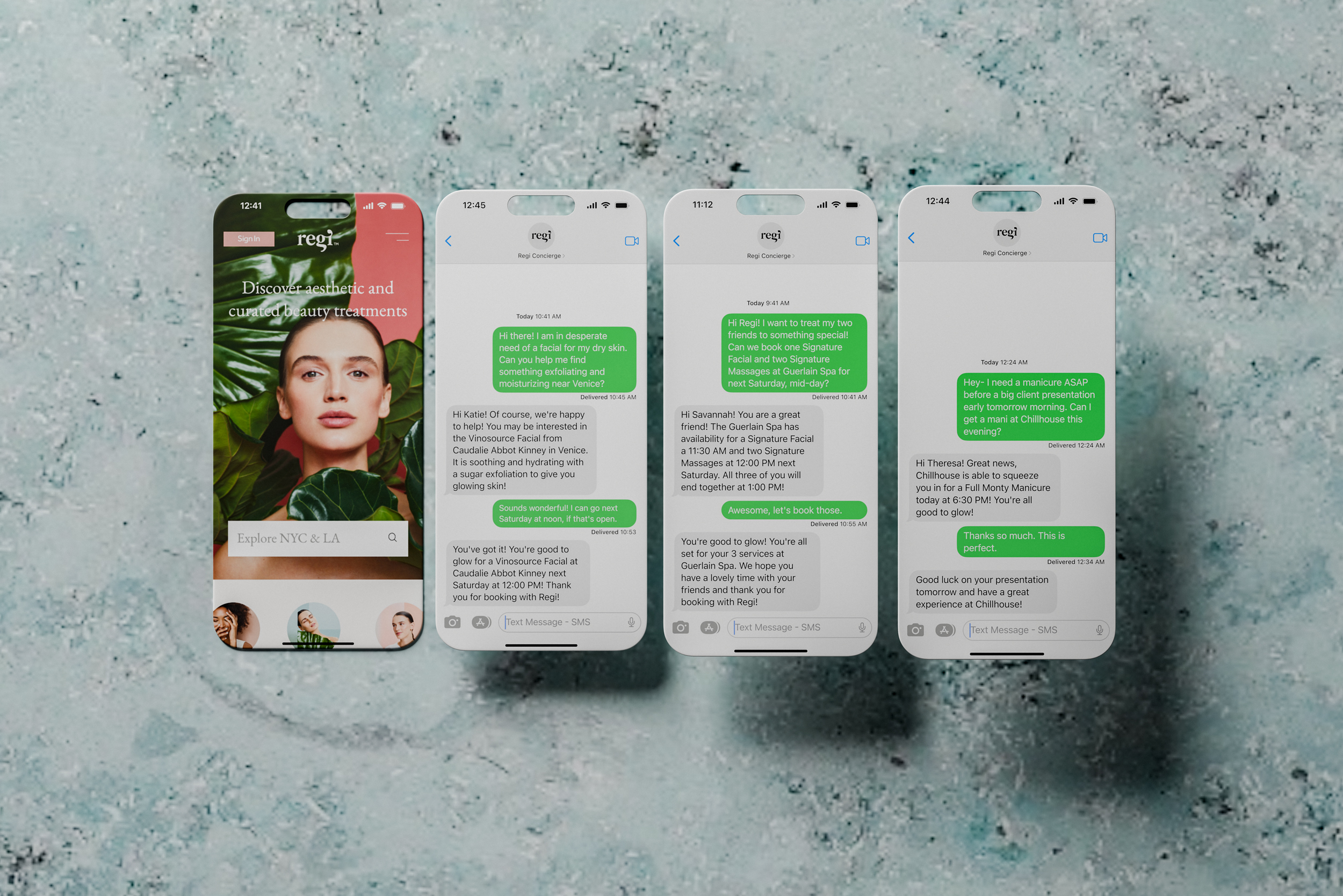 Four smartphones displaying the Regi app: the first shows a woman with text about beauty treatments; the next three show chat conversations booking spa and beauty services.