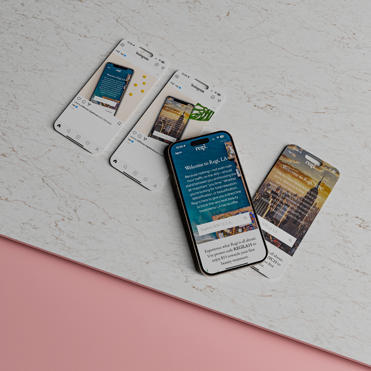 Four smartphones displaying Instagram posts and home screens of the Regi app on a marble surface next to a pink edge.