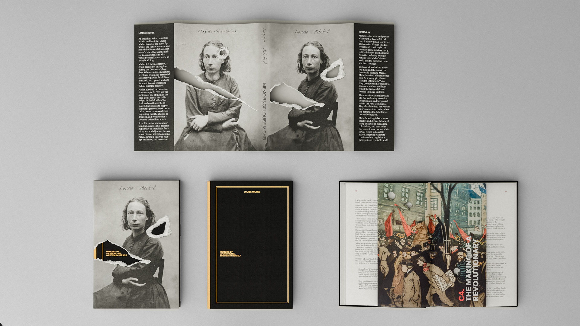 Five book covers laid flat on a gray surface, featuring black and white portraits of Louise Michel and one cover showing a protest scene with red flags.