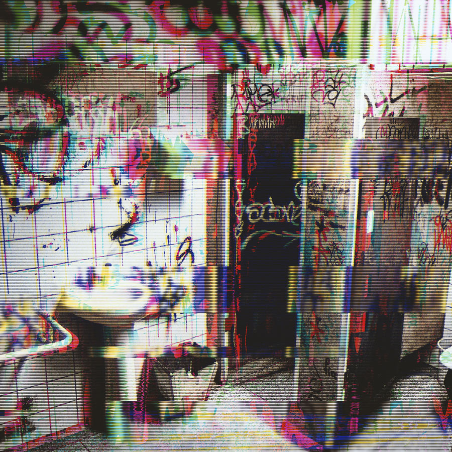 Public restroom with graffiti-covered walls and stalls, a white tiled wall, and a white pedestal sink.