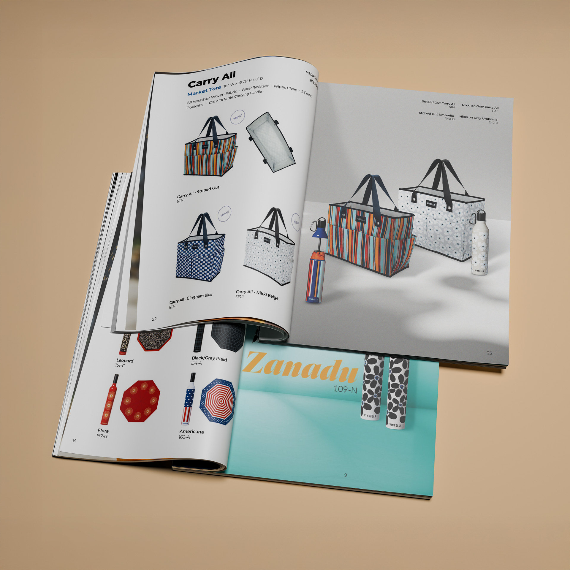 Open catalog pages showing striped and floral patterned insulated market tote bags with matching water bottles and umbrellas.