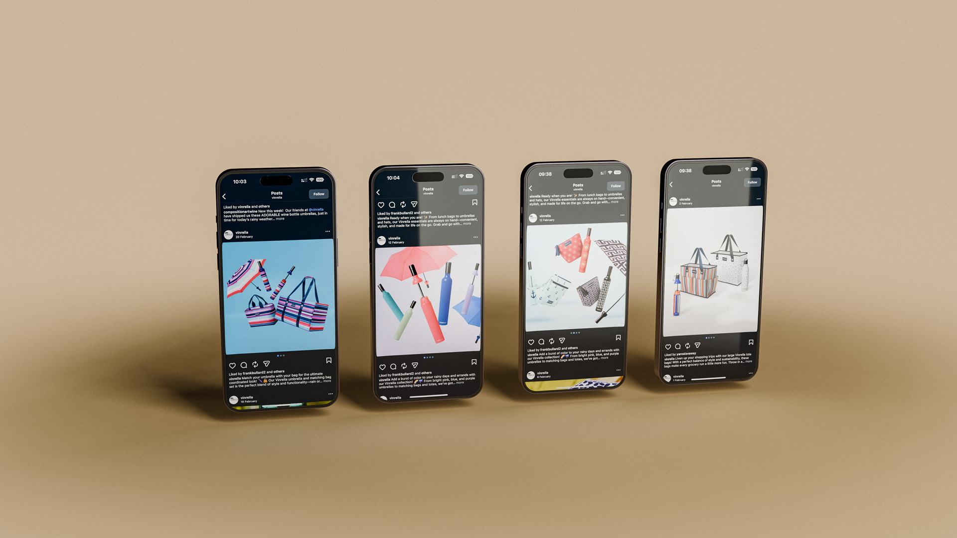Four smartphones displaying Instagram posts featuring colorful striped bags, umbrellas, and matching accessories against pastel backgrounds.